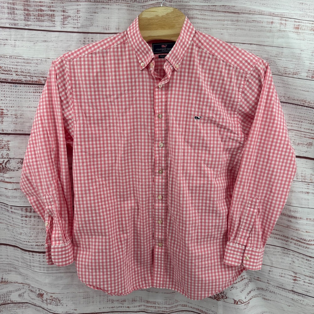 Vineyard Vines Whale Shirt Mens XL Pink Gingham Button Down Long Sleeve Cotton